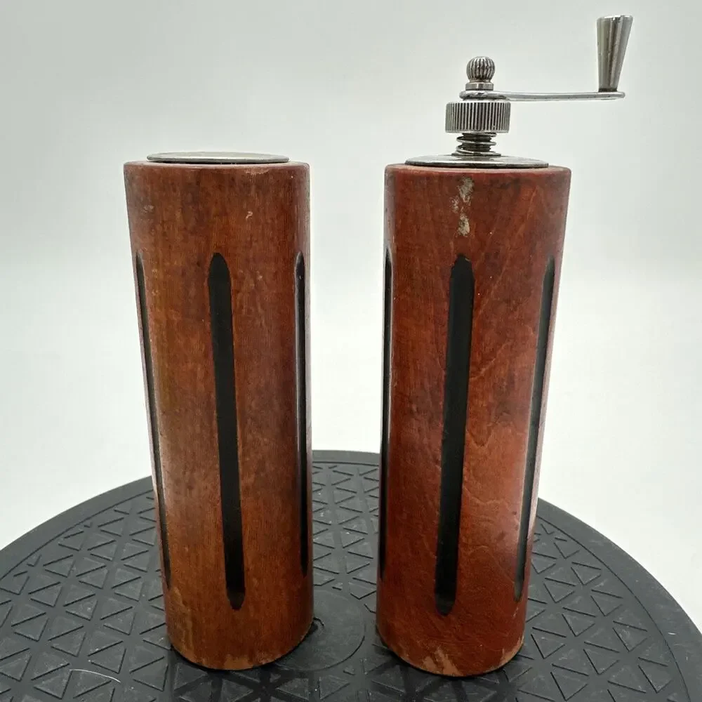 Vintage Mid-Century Modern Wood Cylinder Teak Salt & Pepper Grinder Shaker Set